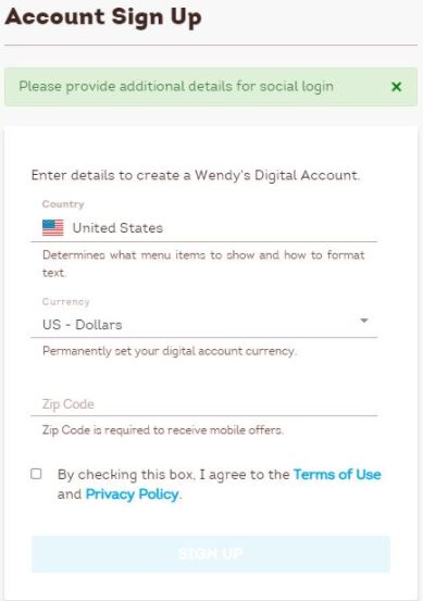 Wendy's Pay Stubs Sign Up page